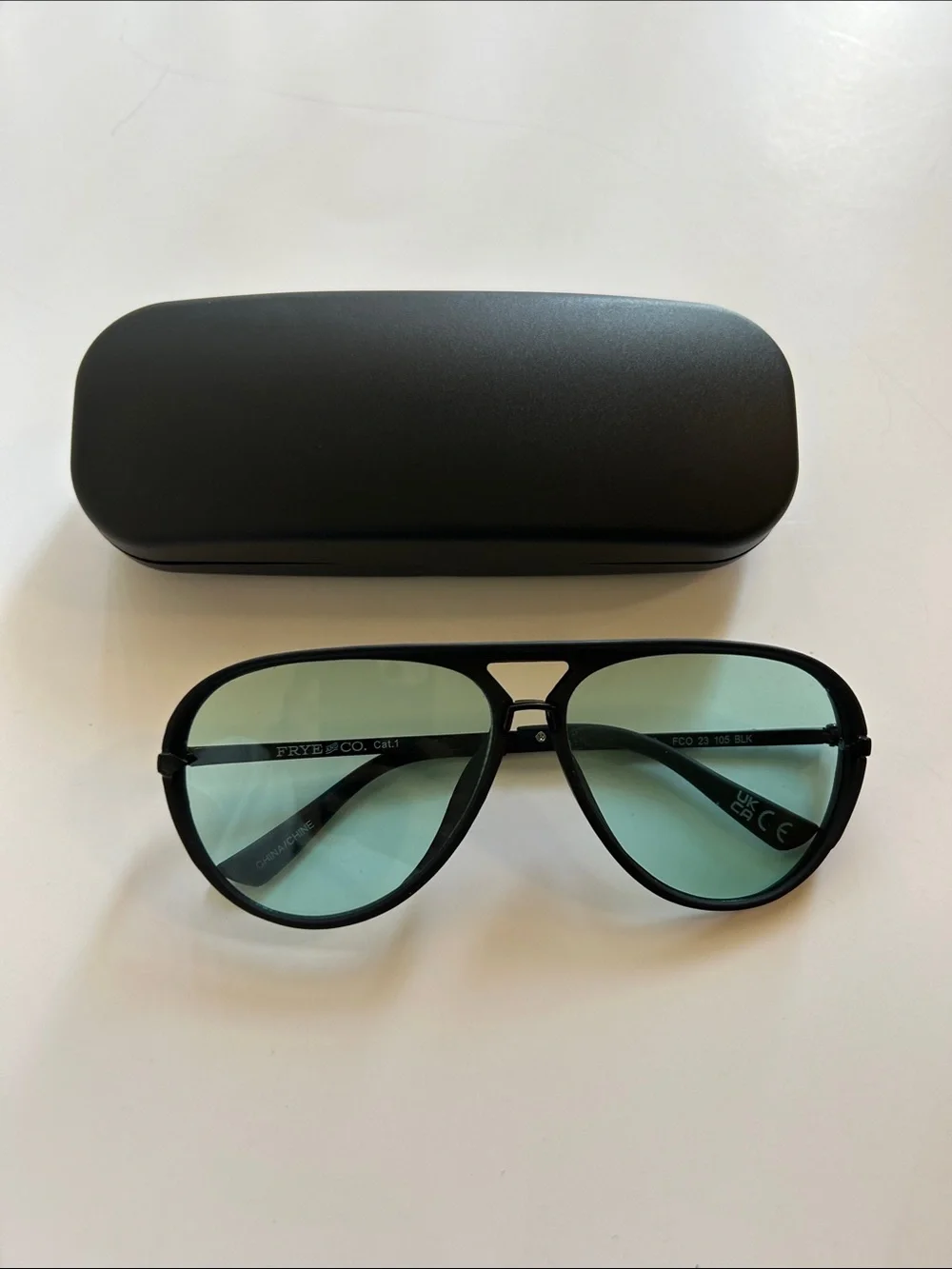 Frye and Co Aviator Sunglasses matter black light teal lens